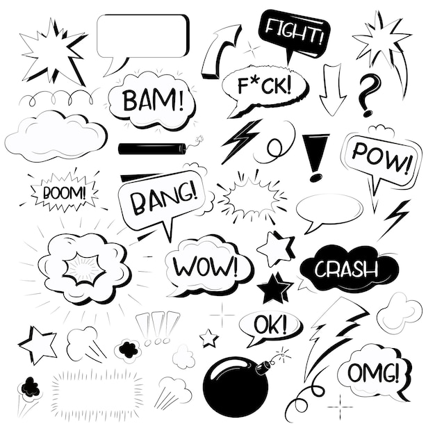 Conjunto de efecto de sonido de redacción de explosión dibujada a mano.Elemento de bomba Doodle cómico en boceto de arte pop