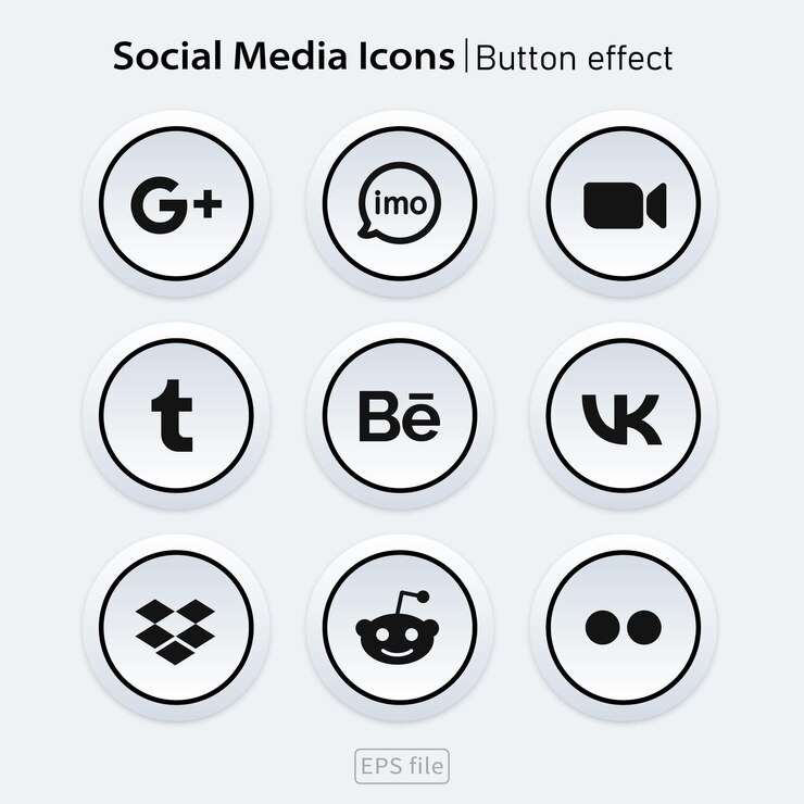 Vector conjunto de efectos de botón de iconos 3d blancos de redes sociales populares