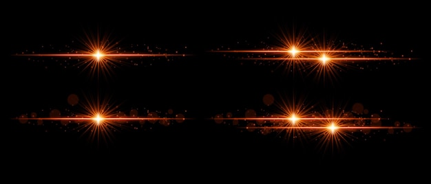 Conjunto de efectos de brillo naranja Rayos dorados radiantes explosiones de luz brillante partículas brillantes rayas brillantes y aspectos decorativos para diseños elegantes temas festivos y acentos lujosos