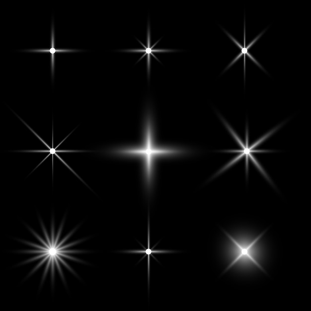 Vector conjunto de efectos de iluminación de luz de las estrellas en negro.