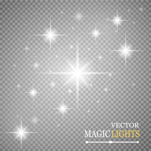 Conjunto de efectos de luces brillantes aislados. El sol brilla con rayos. Estrella estalló con destellos.