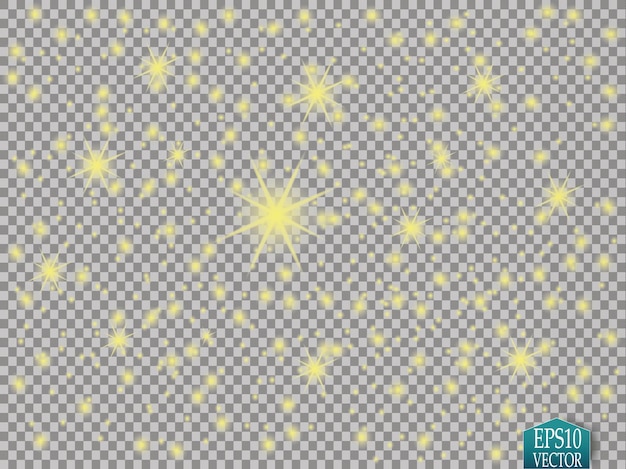 Conjunto de efectos de luces brillantes doradas aisladas sobre fondo transparente Destello solar con rayos y foco Efecto de luz brillante Estallido de estrellas con destellos