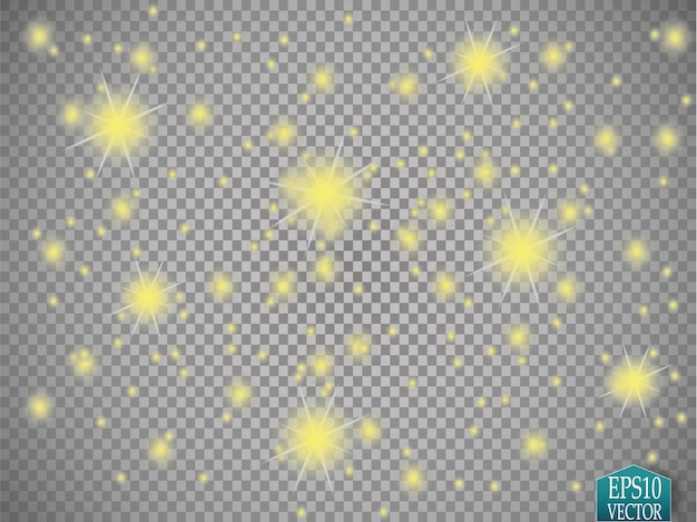 Conjunto de efectos de luces brillantes doradas aisladas sobre fondo transparente Destello solar con rayos y foco Efecto de luz brillante Estallido de estrellas con destellos