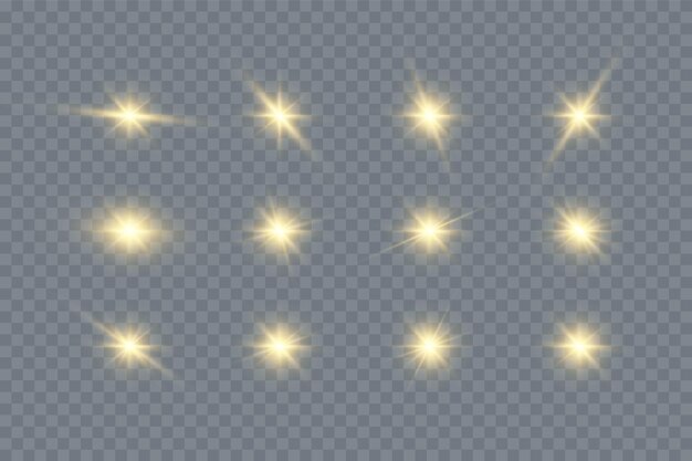 Conjunto de efectos de luces brillantes doradas existentes en un fondo transparente. sol con rayos