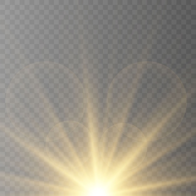 Conjunto de efectos de luces brillantes dorados aislados. Destello del sol con rayos y reflector. El efecto de resplandor. La estrella estalló en brillo.