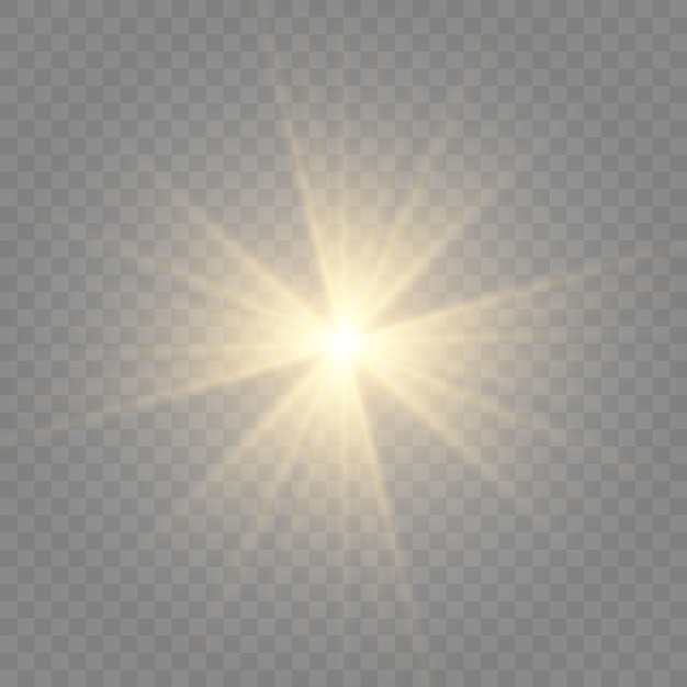 Conjunto de efectos de luces brillantes dorados aislados sobre fondo transparente. Destello del sol con rayos y reflector. El efecto de resplandor. La estrella estalló en brillo.