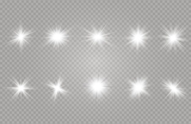 Vector conjunto de efectos de luces doradas brillantes aislado sobre fondo transparente. sol destello con rayos y reflectores. efecto de luz resplandor.