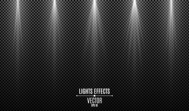Conjunto de efectos de luces con estilo blanco aislado en un fondo transparente oscuro. Rayos blancos