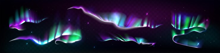 Vector conjunto de efectos de luces del norte abstractos formas flotantes decorativas multicolores y brillantes en un fondo oscuro
