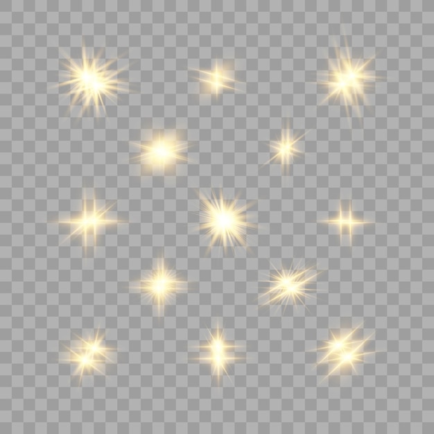 Conjunto de efectos de luz aislados brillantes, destello de lente, explosión, brillo, línea, destello solar y estrellas.