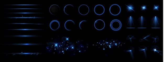 Conjunto de efectos de luz blanca Haz de un reflector y una estrella Brilla azul