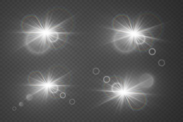 Conjunto de efectos de luz blanca El resplandor de las estrellas y las llamaradas en un fondo transparente