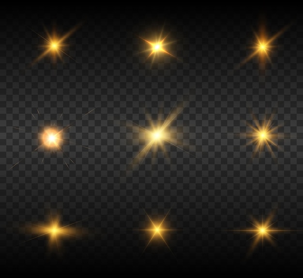 Conjunto de efectos de luz brillante en amarillo sobre un fondo transparente Vector