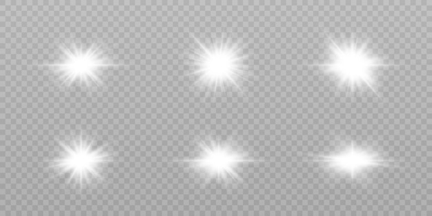 Conjunto de efectos de luz. Un destello de luz blanca, una estrella sobre un fondo transparente. Sol, verano.