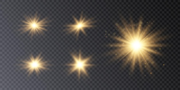 Conjunto de efectos de luz. Un destello de luz cálida, una estrella sobre un fondo transparente. Sol, verano.