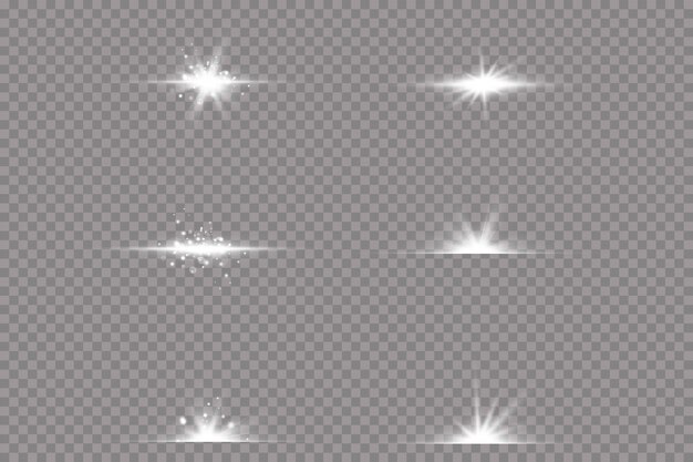 Conjunto de efectos de luz. Destellos y resplandores. Brillantes rayos de luz. Líneas brillantes