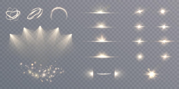 Conjunto de efectos de luz dorada brillante sobre fondo transparente para ilustraciones navideñas