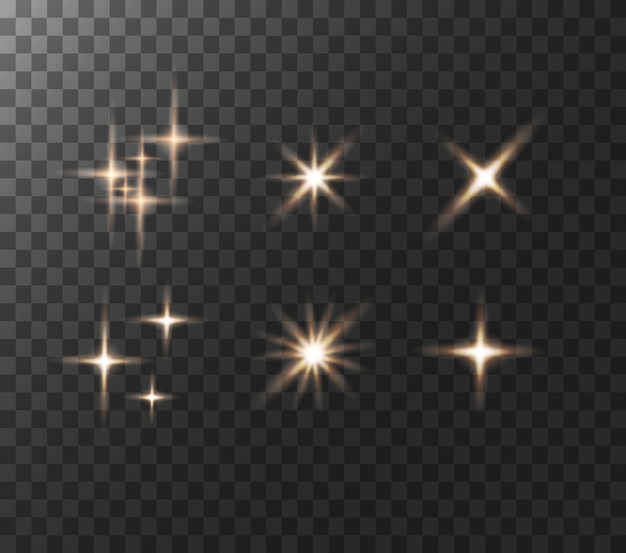 El conjunto de efectos de luz de las estrellas doradas brillantes