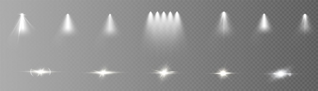 Un conjunto de efectos de luz con un foco de brillo blanco sobre un fondo transparente vector