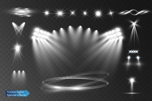 Conjunto de efectos de luz de los focos de las lentes, explosiones de llamaradas, líneas de polvo, chispas de llamaradas solares y estrellas.