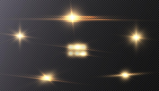 Conjunto de efectos de luz luz brillante dorada aislada sobre fondo transparente.