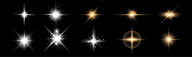 Conjunto de efectos de luz luz dorada resplandeciente aislada en fondo negro patrón abstracto de Navidad partículas de polvo mágico chispeante