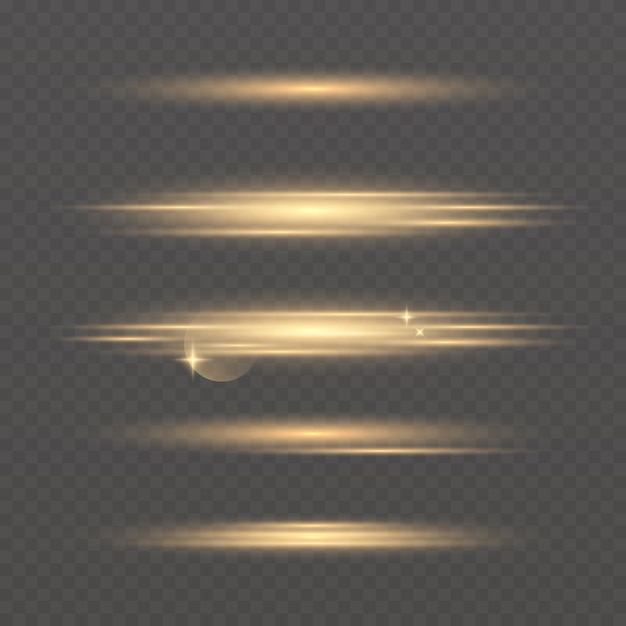 Conjunto de efectos de luz de neón brillante del vector. Línea dorada abstracta con resplandor y efecto Bokeh. Luz de flash. Líneas brillantes