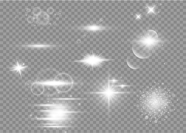Conjunto de efectos de luz transparente blanca aislada brillante, destello de lente, explosión, brillo, línea, destello solar, chispa y estrellas. Diseño abstracto de elementos de efectos especiales. Rayo de brillo con relámpago