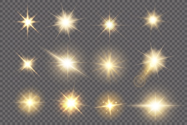 Conjunto de efectos de luz transparente blanca aislada brillante, destello de lente, explosión, brillo, línea, destello solar, chispa y estrellas. Diseño abstracto de elementos de efectos especiales. Rayo de brillo con relámpago