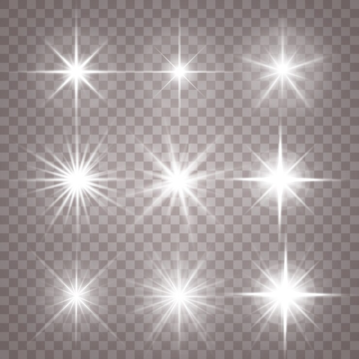 Vector conjunto de efectos de luz transparente blanca aislada brillante, destello de lente, explosión, brillo, línea, destello solar, chispa y estrellas. diseño abstracto de elementos de efectos especiales. rayo de brillo con relámpago