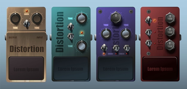 Vector conjunto de efectos de pedal de guitarra realistas.