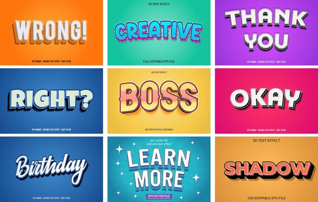 Conjunto de efectos de texto editables, conjunto de plantillas de estilo de texto 3d, Conjunto de diseño de efectos de texto editables