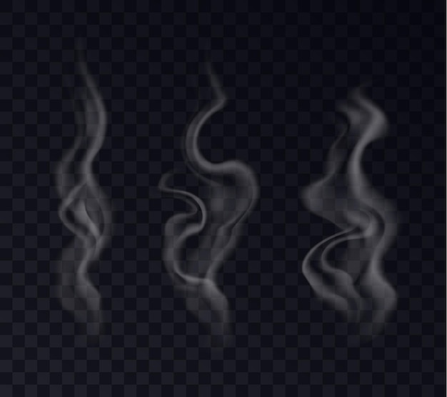 Conjunto de efectos de vapor realistas. humo de cigarrillo blanco, niebla de viento de aire, remolino caliente de fumar de vapor de bebida caliente aislado sobre fondo transparente. ilustración vectorial