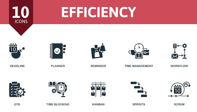 Conjunto de eficiencia iconos creativos diseño monocromático