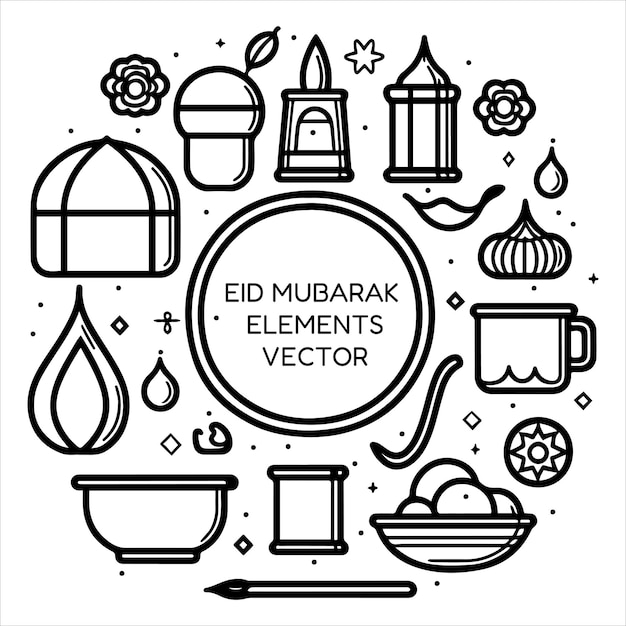 Conjunto de eid mubarak eid al fitr elementos iconos vector ilustración aislado sobre fondo blanco