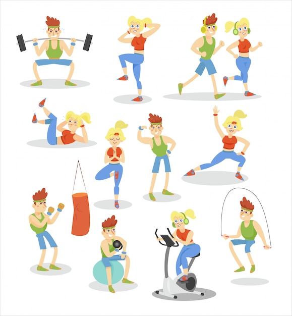 Vector conjunto de ejercicio de hombre y mujer, pareja de fitness haciendo ejercicio en el gimnasio ilustraciones de dibujos animados