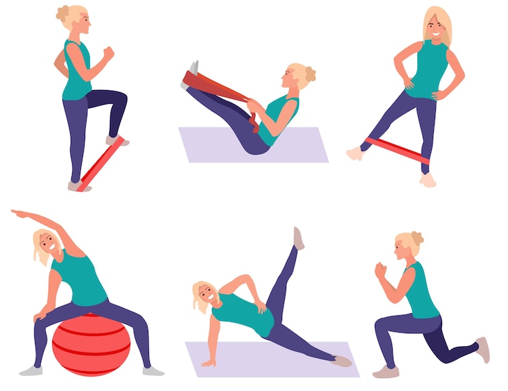 Vector conjunto de ejercicios deportivos mujer haciendo ejercicios de yoga y fitness estilo de vida saludable estocadas y sentadillas planas
