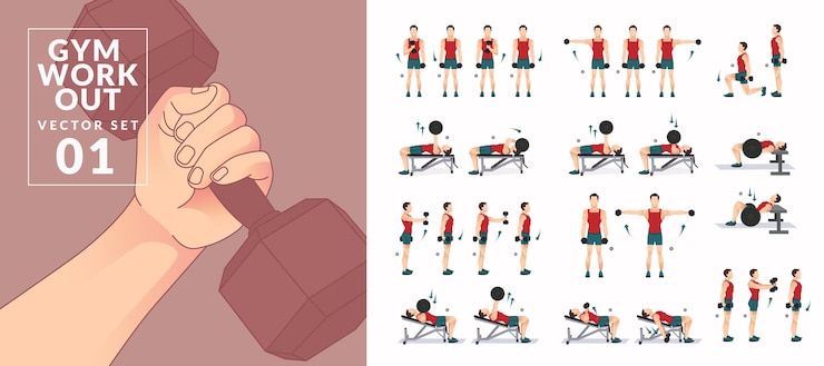 Vector conjunto de ejercicios de entrenamiento gym para hombres, entrenamientos con mancuernas y pesas.