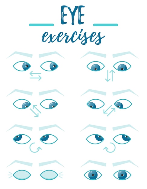 Conjunto, de, ejercicios, para, ojos, oftalmólogo, vector, plano, ilustración
