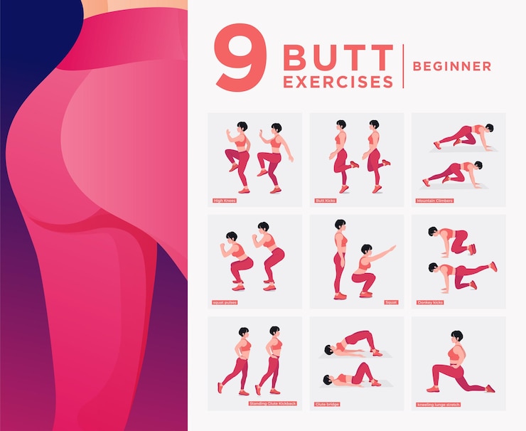 Vector conjunto de ejercicios para quemar grasa de glúteos mujeres haciendo ejercicios de fitness