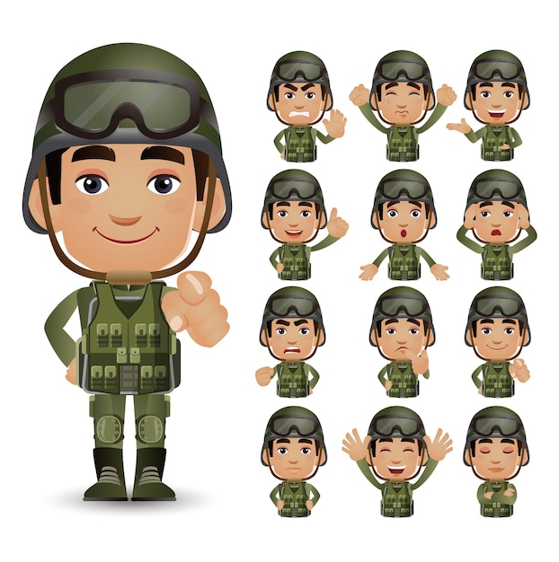 Conjunto de ejército con diferente emoción.