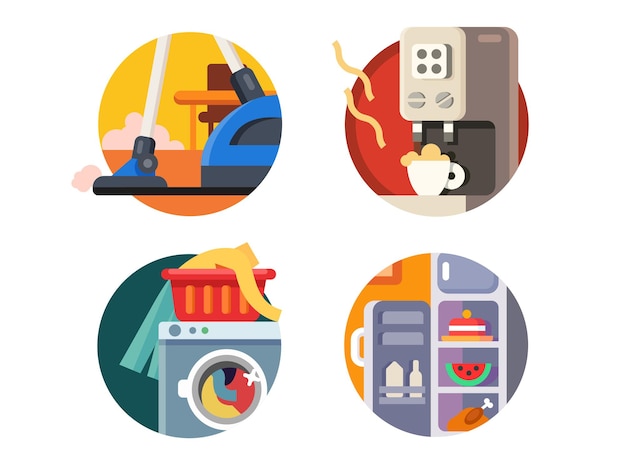Conjunto de electrodomésticos. Aspiradora y nevera, cafetera y lavadora. ilustración