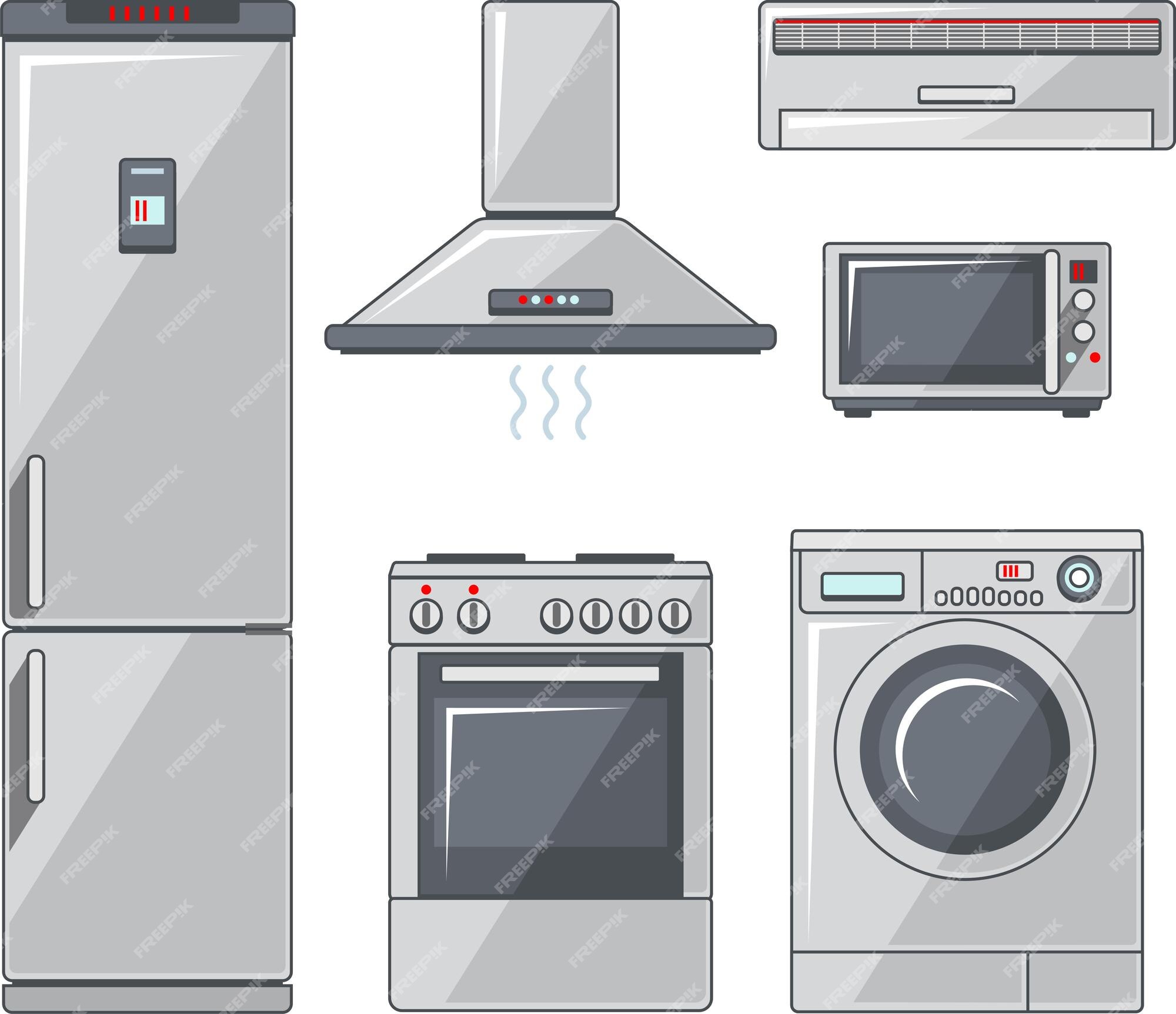 conjunto de electrodomésticos de cocina icono plano para web. refrigerador,  microondas, lavavajillas, tostadora, campana extractora, licuadora,  hervidor, horno, cocina arrocera firma un diseño vectorial plano.  electrodomésticos de cocina clipart de