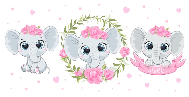 Un conjunto de elefantes bebés lindos y dulces. Bebé niña elefante. Ilustración vectorial de una caricatura.