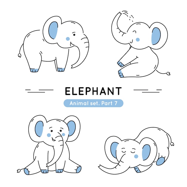 Conjunto de elefantes doodle en varias poses aisladas