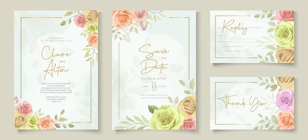 Conjunto de elegante diseño de invitación de boda con flores de color suave