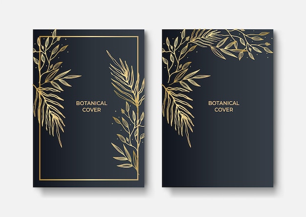 Conjunto de elegante folleto, tarjeta, portada. Textura de mármol negro y dorado. Fondo de oro vintage. Marco geométrico. Hojas de palmeras exóticas. Arte botánico
