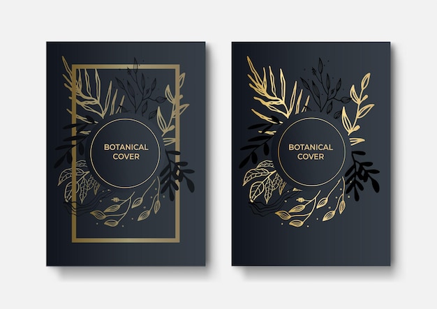 Conjunto de elegante folleto, tarjeta, portada. Textura de mármol negro y dorado. Fondo de oro vintage. Marco geométrico. Hojas de palmeras exóticas. Arte botánico