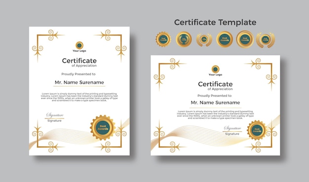 Conjunto de elegante plantilla de certificado con insignias vector premium