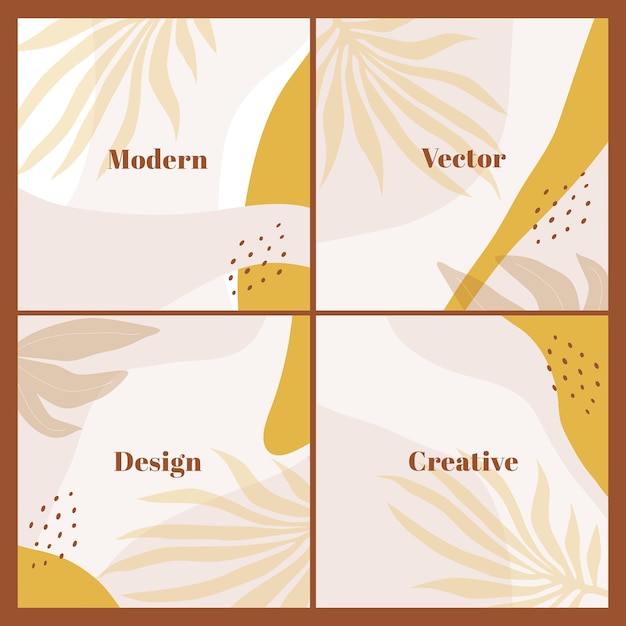 Conjunto elegante de plantillas cuadradas con formas abstractas y hojas dibujadas a mano Fondo neutro
